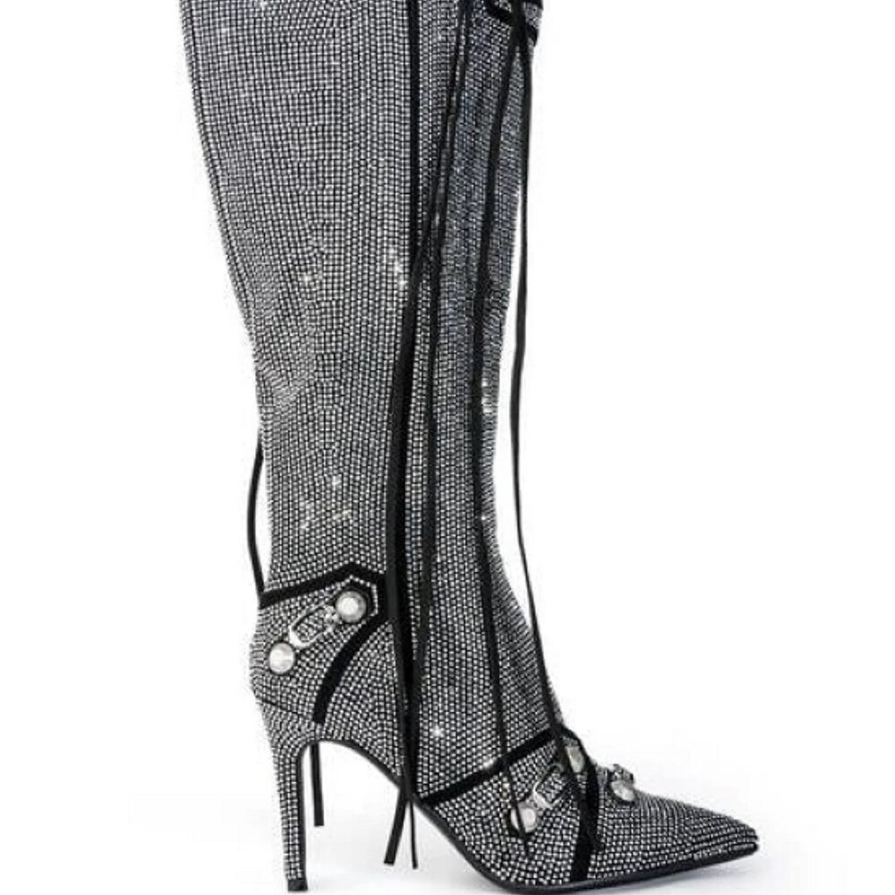 Azalea Wang MAEVE SILVER STILETTO BOOTS Rhinestones Over the knee Glam 10